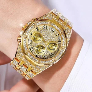 Relojes de pulsera de diamantes de oro para hombre/mujer marca de lujo estrás - Imagen 1 de 16