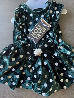 PET APPAREL DARK GREEN VELVET  BOW WITH PEARLS CHRISTMAS DRESS Dog/Puppy SMALL - Image 1 of 3