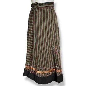 Striped Wrap Skirt Floral Embroidery Boho Flowers Ribbon Tie Waist Green Red - Picture 1 of 16