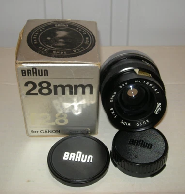 Braun 28mm f2.8 Camera Lens with 2 Caps and Box for Canon - Image 1 of 2