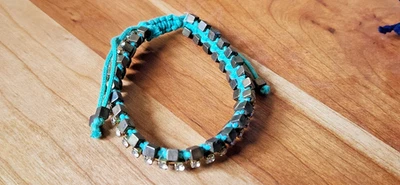Braided Brass Bead / Turquoise String Bracelet - 9" Adjustable - Image 1 of 3