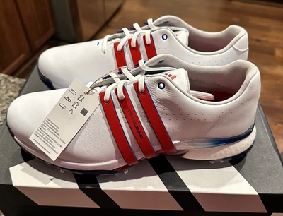 Zapato de golf Adidas Tour 360 para hombre blanco/rojo/azul Foto 1 de 4