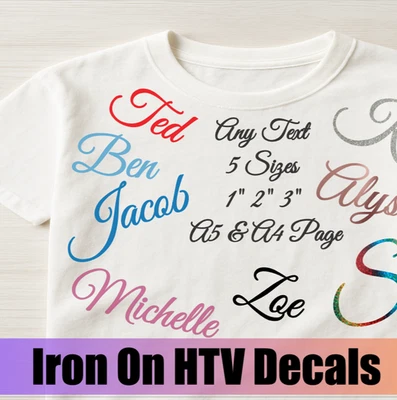 Personalised Iron On Names HTV Vinyl Decals Transfer Fabric Clothes Bag Shirt FB - Image 1 of 4