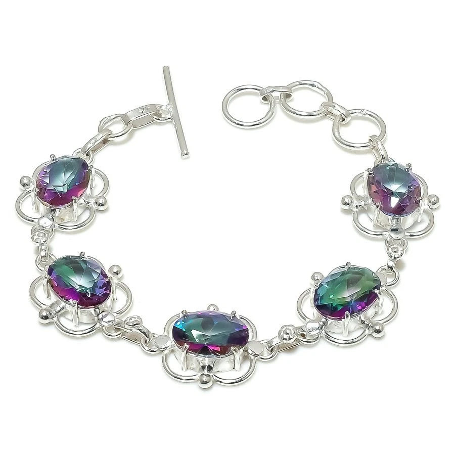 Mystic Topaz Gemstone 925 Sterling Silver Handmade Jwelery Bracelet Size 7-8" - Image 1 of 1