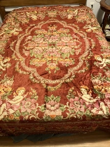 Large vintage velvet Tapestry bedspread Cherub And Flower velvet bed cover - Picture 1 of 7