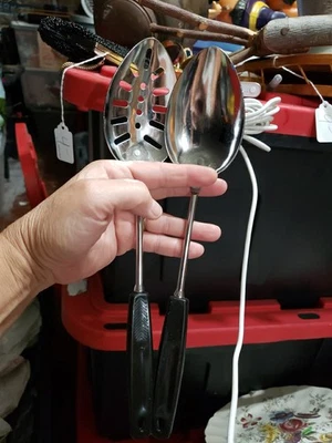 Lot Of 2 Foley Chrome Plate Serving Solid Slotted Spoon 13" Black Handle USA  - Image 1 of 4