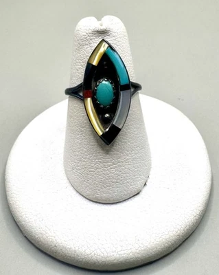 Sterling Silver Native Multi Gemstone Inlay Ring Size 6.5 - Image 1 of 4