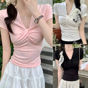 For Daily Wear V Neck Pleated Shirt Short Sleeve Blouse Multiple Sizes Available - Picture 1 of 36