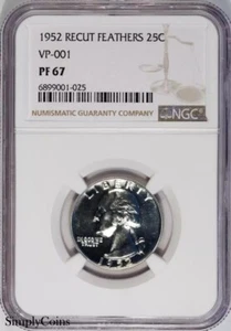 1952 RECUT FEATHERS VP-001 Washington Silver Quarter NGC PF67 PROOF ~ POP OF 2! - Picture 1 of 11
