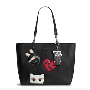 Karl Lagerfeld Paris Black Combo Adele Logo Patch Leather Tote Bag NEW AUTHENTIC - Picture 1 of 4