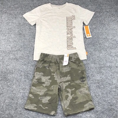 Timberland Boys 2 Piece Logo T Shirt & Shorts Set Size 6 Green Camouflage NEW - Image 1 of 4