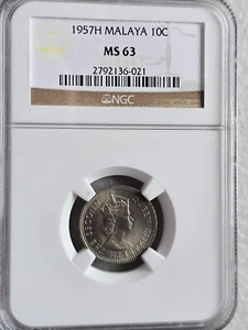 Malaya 10 Cents 1957H NGC MS 63 - Picture 1 of 2
