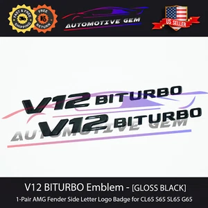 V12 BITURBO Fender AMG Emblem Glossy Black Logo Badge Mercedes CL65 S63 S65 G65 - Picture 1 of 4