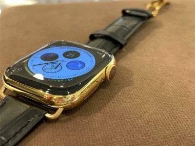 44mm Apple Watch Series 4 Stainless Steel Custom 24K Gold Plated Black Leather B - Image 1 of 4