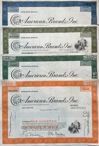 American Brands Tobacco Company ahora Fortune Brands conjunto de 4 certificados de stock - Imagen 1 de 1
