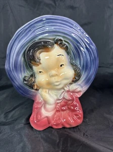 Vintage Kopf Vase Wandtasche Royal Copley Cowgirl mit blauem Hut 8" hoch - Bild 1 von 10