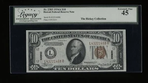 DBR 1934-A $10 FRN Hawaii LB Block Fr. 2303 Legacy 45 Serial L43221468B - Picture 1 of 2