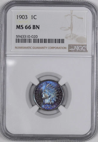 1903  Indian Head Cent Superb Gem Electric Blue Toning 1C - NGC MS66 BN Cover