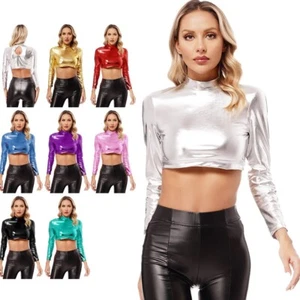 T-shirt donna clubwear eleganti crop top lucidi abbigliamento quotidiano wetlook - Foto 1 di 72