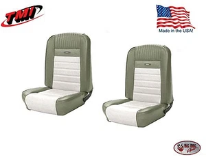 Deluxe PONY Seat Upholstery  Ford Mustang, Front Bucket Seats - Ivy Gold & White - Picture 1 of 21