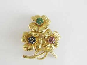 NACHLASS DAMEN 14K GOLD SAPHIR & GRÜNER ONYX BLUME BROSCHE 1,30CT CA. 2.838 $ - Bild 1 von 12