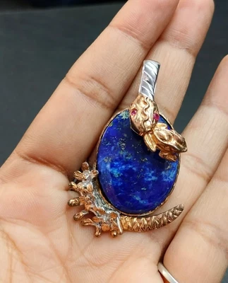 Ciondolo rana serpente placcato oro rosa argento 925 lapislazzuli gioielli... - Immagine 1 di 4