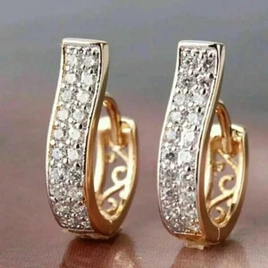 2Ct Round Real Moissanite Women's Huggie Hoop Earring 14k Yellow Gold Plated - Picture 1 of 5
