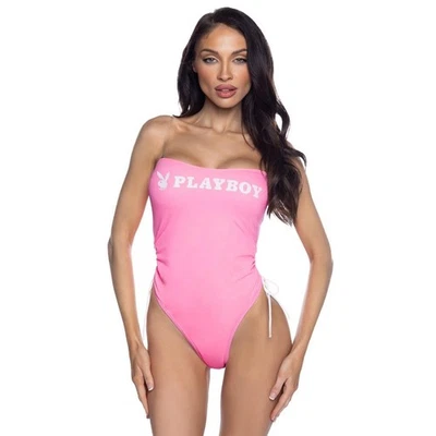 Playboy Swimsuit Strapless Detachable Clear Straps Side Ties Thong Pink PBS105 — 第 1/3 张图片