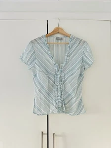 Vintage 90s Y2K Wallis Blue White Coquette Button Up Chiffon Blouse Top Size 12 - Picture 1 of 5