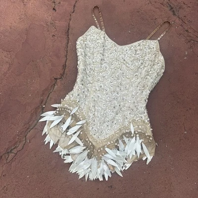 Vintage 1940s White Satin Showgirl Dress Playsuit Beads Rhinestones Burlesque - Image 1 of 4