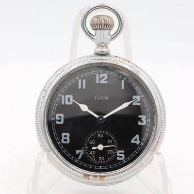Vintage 16s 1942 Elgin Military Style 7 Jewel Pocket Watch 291 Nickel USA - Image 1 of 4
