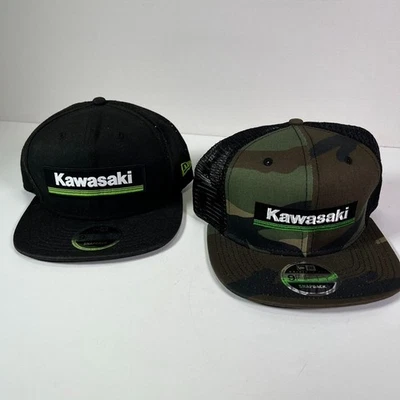 Kawasaki New Era Black & Camo Green Snapback Trucker Baseball Cap Hat Lot (2x) - Image 1 of 4