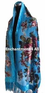 Elegant 100% Silk Burnout Velvet Vintage FloralOblong Scarf Shawl Wrap,Turquoise - Picture 1 of 4