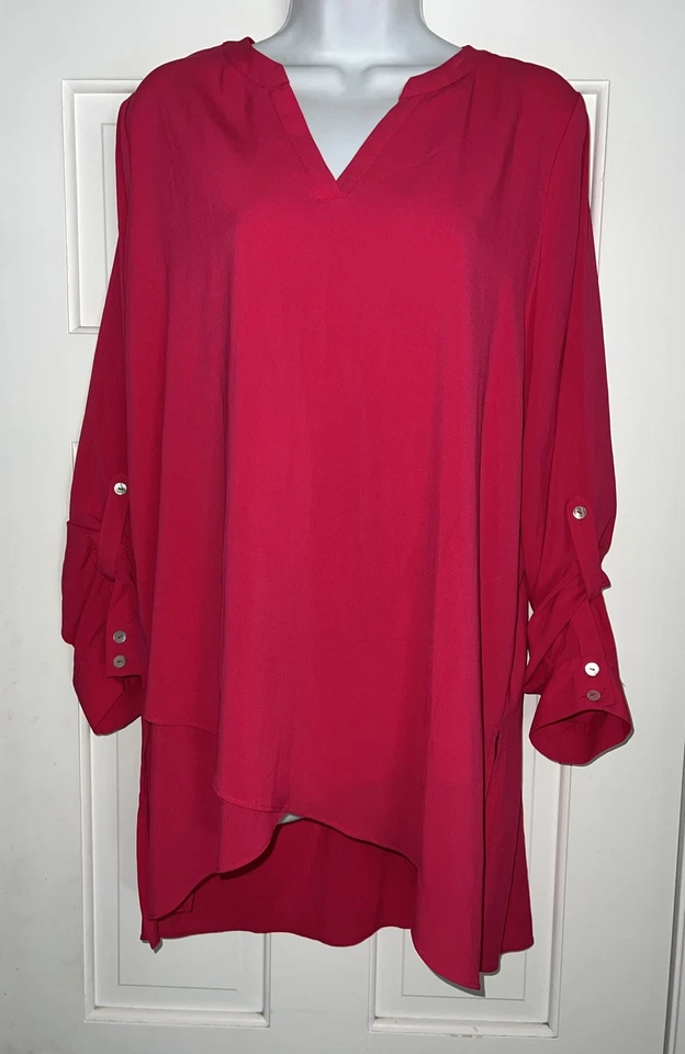 Susan Graver Top Womens Size 10 Pink Tunic Hi Low Long Sleeve Roll Tab V Neck - Image 1 of 4