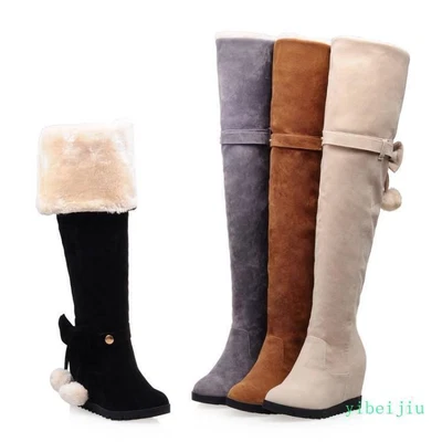 Over Knee High Boots Hidden Wedge Heel Round Toe Bow Pom Pom Casual Womens Shoes - Image 1 of 4