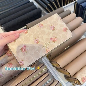 NWT Coach CAR06 Long Zip Around Wallet Signature Canvas Floral Gold/Sand Multi - Picture 1 of 11