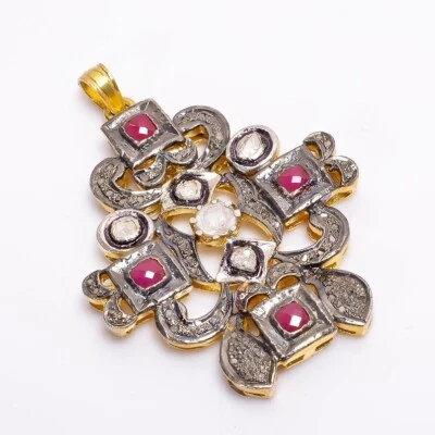 Polki Diamond And Ruby Gemstone Pendant 925 Sterling Silver Jewelry For Women - Image 1 of 4