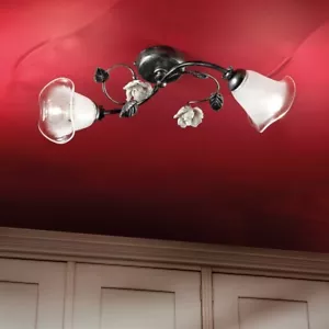 2 Light Murano Glass Wrought Iron & Ceramic Ceiling Light FL-152 - Picture 1 of 1