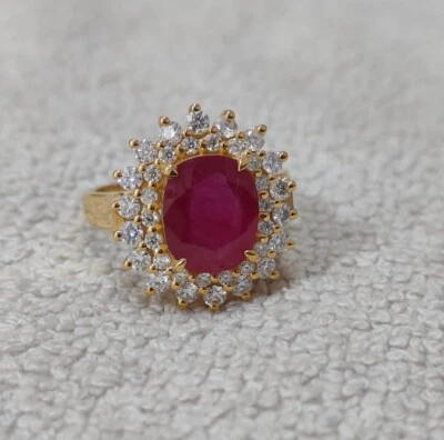 5.10 Carats Natural Red Ruby and Diamonds 14k Yellow Gold Ring Labor Day Gift - Image 1 of 4