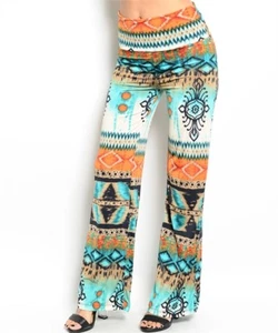 CLEARANCE Women's SW Aztec Palazzo Pants Bold Design Brown Orange Turquoise - Picture 1 of 2