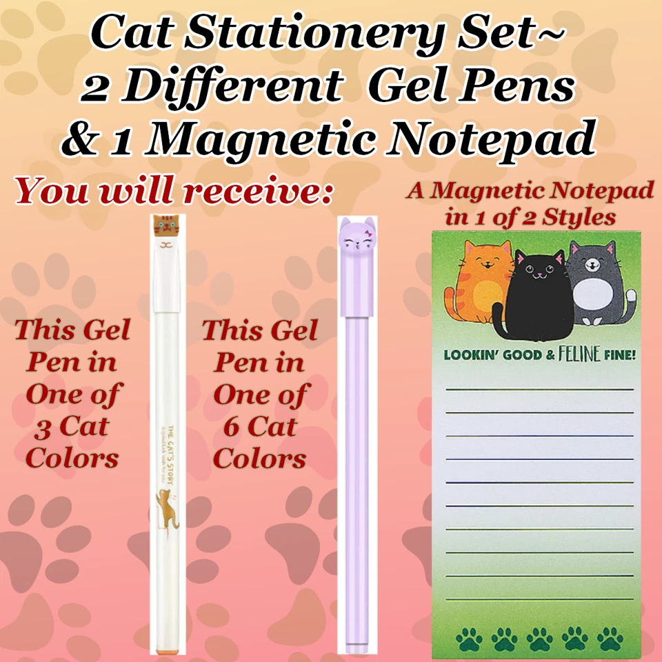 Juego de papelería para gatos ~ 2 bolígrafos de gel para gatos diferentes, 1 bloc de notas magnético para gatos con 50 páginas🐈 Foto 1 de 4