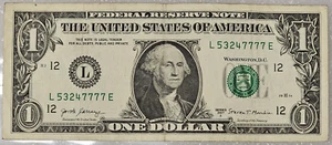 Fancy Serial Number $1 Dollar Bill Ending Four 7's Series 2017A   L 53247777 E - Picture 1 of 2