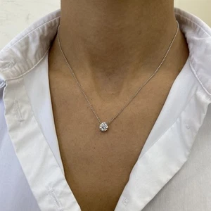Diamond Necklace Solitaire Pendant VS1 E Round 1 Carat Labcreated 14K White Gold - Picture 1 of 8