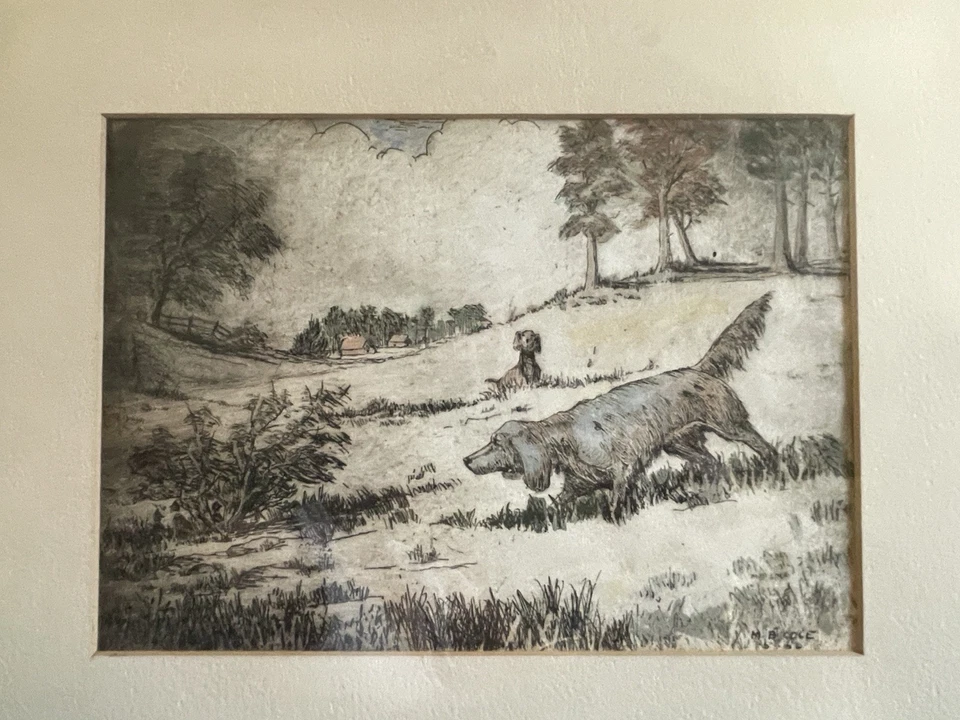 Arte Original Grabado Artista MB Cole Enmarcado Y Mate Paisaje De Colección con Perros Foto 1 de 4