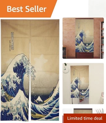 Занавеска для дверного проема Ukiyoe - The Great Wave 33x60 дюймов, элегантность льна ручной работы - Изображение 1 из 4