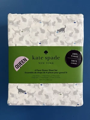 Juego de sábanas Kate Spade Cats estampado de gatitos 4 piezas Queen 100 % algodón nuevo Foto 1 de 4