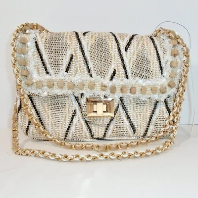 NWT Sondra Roberts Squared Elegant Ruffle Woven Handbag Wood Beaded Fringe - Image 1 of 4