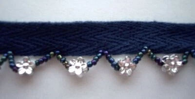 2 yardas. Top de algodón azul marino 7/16 9/16 pulgadas plata con cuentas flecos ribete de costura bf-H Foto 1 de 2