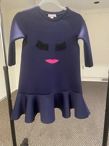 Halabaloo Girls Scuba Dress Embroidered Eyelash & Pink Lips 3D Violet Size 8 EUC - Picture 1 of 4