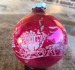 Vintage Stencil Shiny Brite Pink Western Stagecoach Horses,Snow Ornament 2 1/2" - Picture 1 of 4